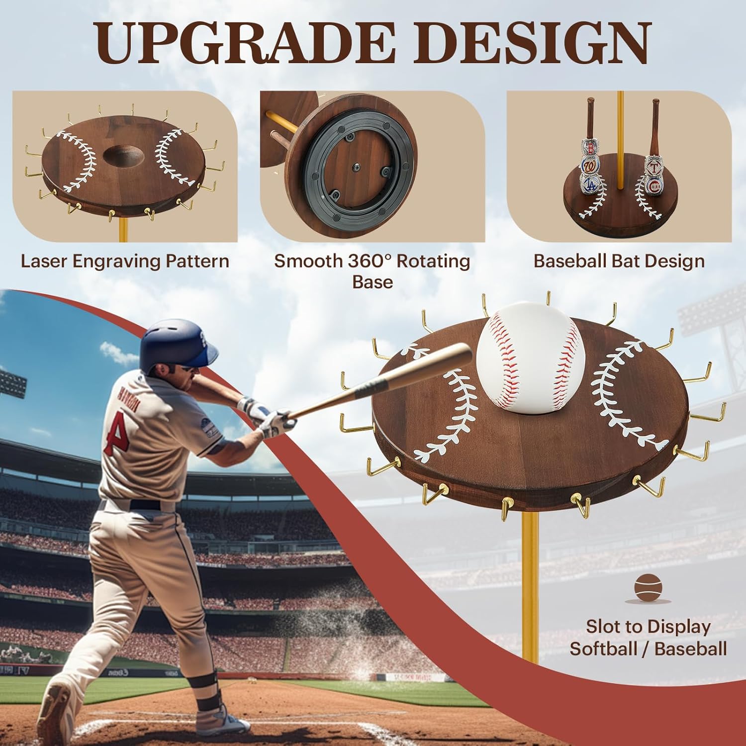 Pinzoveco Baseball Drip Necklace Organizer Holder,Rotating Baseball Display Stand with 14 Hooks, Championship Ring Display Holder, 360° Drip Necklace Championship Ring Holder Baseball Gifts