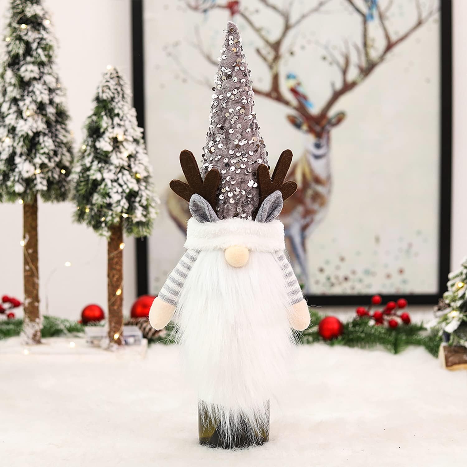 Reindeer Christmas Gnome Wine Bottle Covers 3 Pack Swedish Tomte Decorative Wine Bottle Toppers Red Gold Silver Champagne Cover for Home Holiday Xmas Dining Table Decorations Party Gift