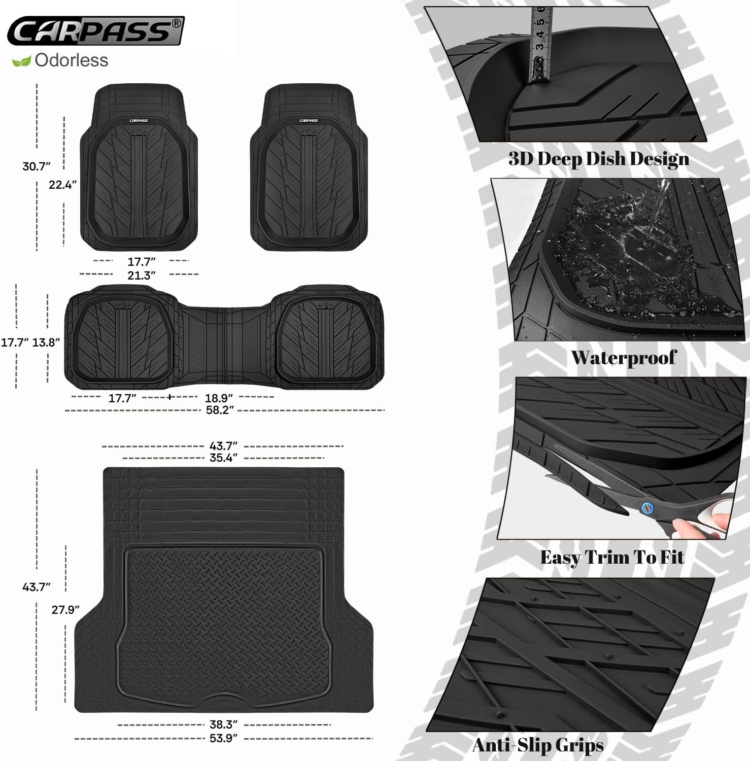 CAR PASS Deep Dish Floor Mats for Cars, Heavy Duty Rubber Floor Mats with Trunk Cargo Liner, Universal Trim-to Fit Automotive Floor mats for Truck Van SUV Waterproof All Weather Car Mats Solid Black - Image 2