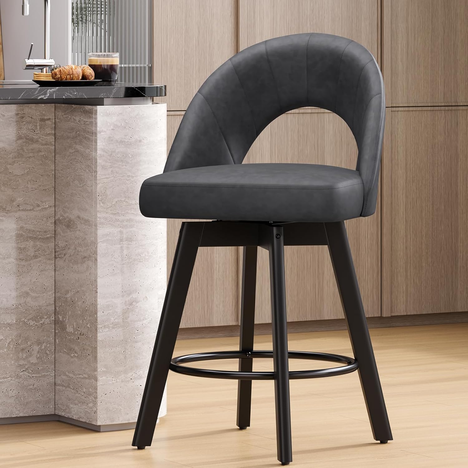 YaFiti 24 inch Counter Height Bar Stools, Ergonomic Curved Back Design Swivel Bar Stools with Faux Leather Seat & Solid Wood Legs for Kitchen Island, 1 PCS, Charcoal Grey