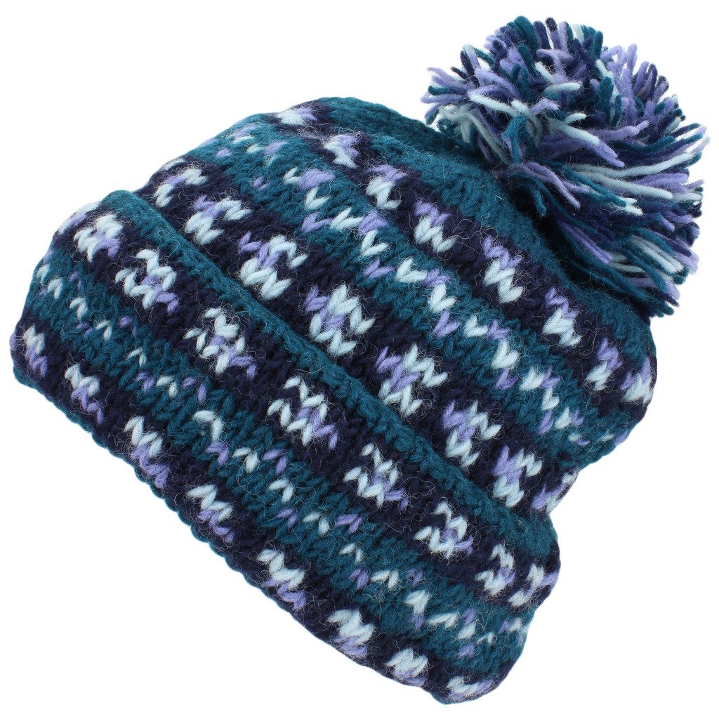 Loud Hats Men's Teal Chunky Wool Knit Slouch Beanie Bobble Hat With Turn Up Brim