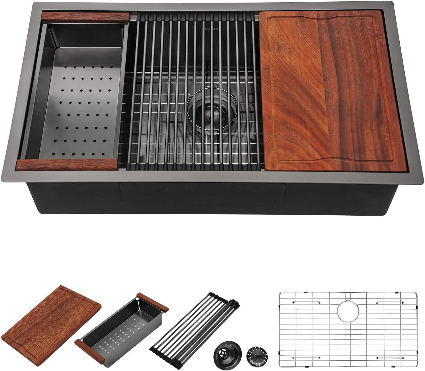 Dcolora 27" Gunmetal Black Stainless Steel Undermount Kitchen Sink Workstation - 16 Gauge Single Bowl Basin (27"x19"x10"), DC-U7707