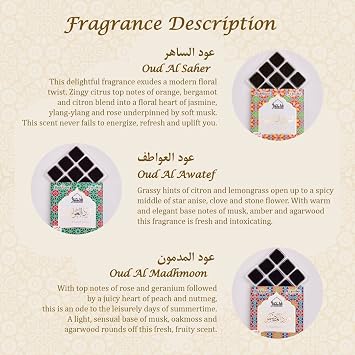 Oud Al Saher, Madhmoom, Awatef Bakhoor by Dukhni | 3 x 9 Piece Each | Assorted Arabic Bakhoor Incense | Perfect to Relax, Meditate & Pray | Rich, Luxurious, Long Lasting