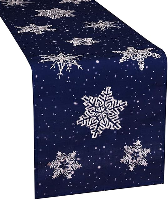 Simhomsen Embroidered Snowflakes Table Runner for Christmas Holidays (Navy Blue, 14 × 69 Inches)