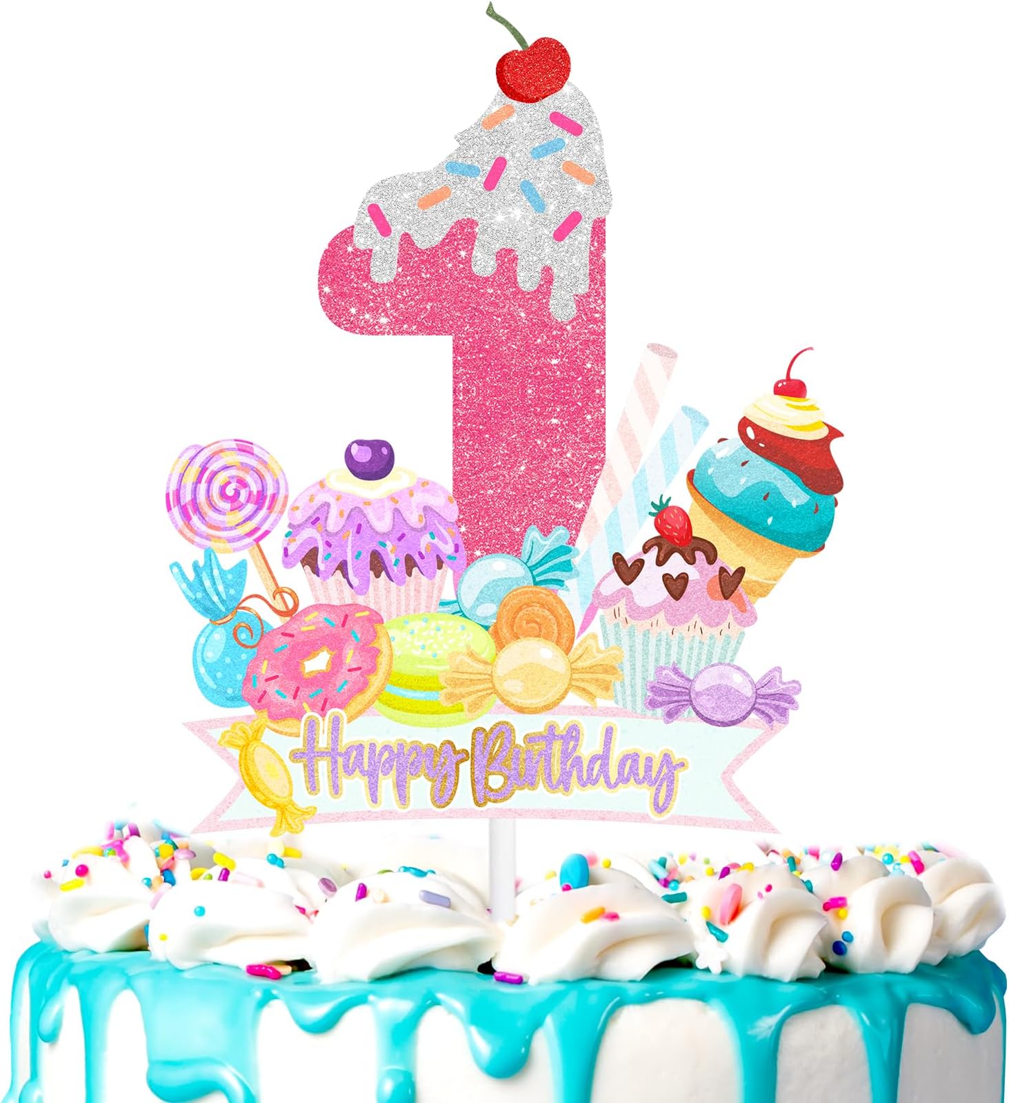 Sweet Dessert Theme Cake Topper Kids 1st Sweet Theme Birthday Happy Ice Cream, Donut Decoration, Boys and Girls Birthday Party, Baby Shower, Anniversary Party Candy Smash Decoration Supplies (1st)