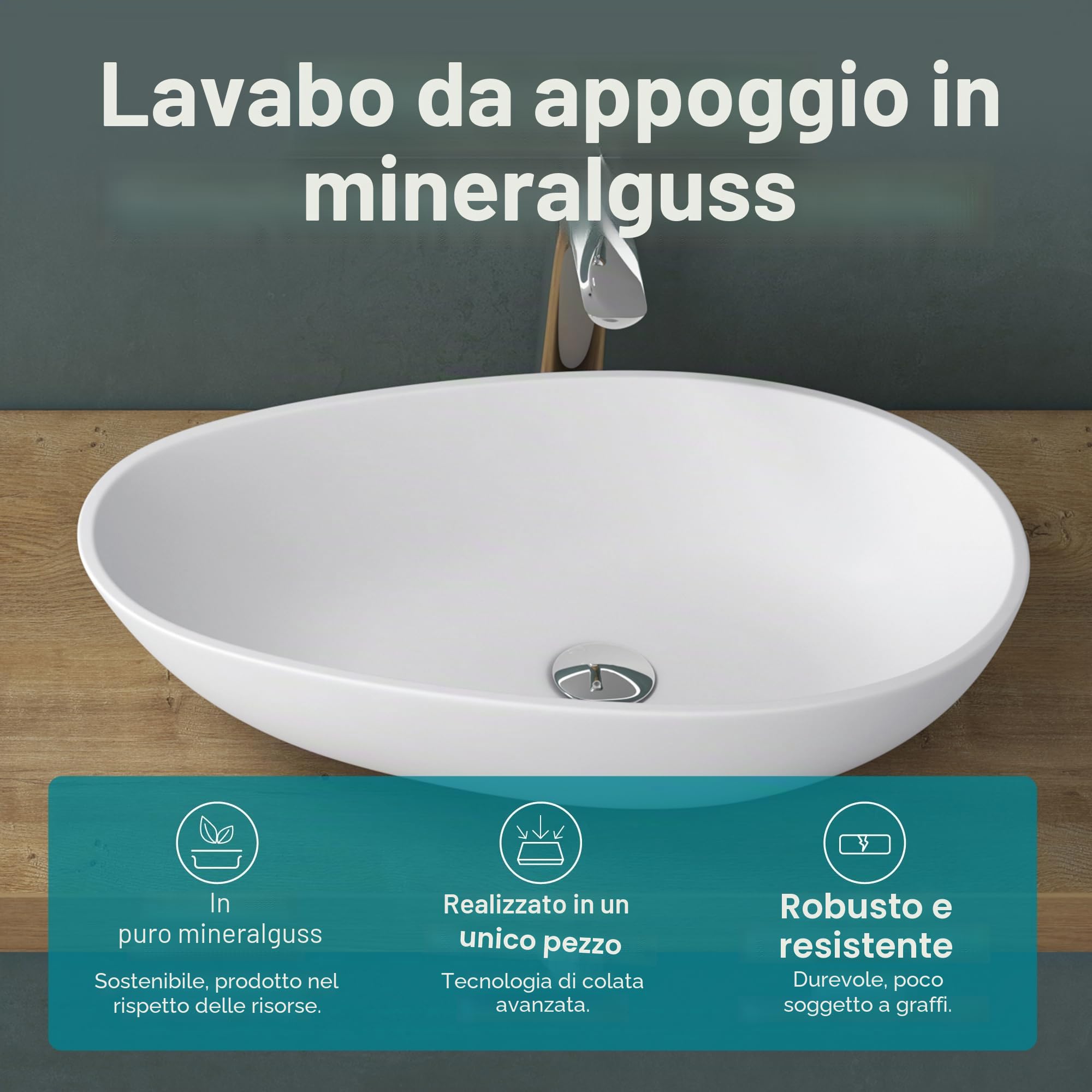 Mai & Mai Lavabo da Appoggio 59.8X36X14cm, Lavandino Bagno Ovale Colossum809 Lavabo da Marmo Fuso, Bianco Opaco