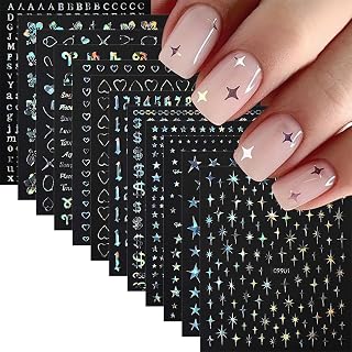 12 Sheets Aurora Nail Art Stickers 3D Self Adhesive Holographic Nail Decals Star Heart Flower Letter Number Nail Art Supplies Manicure Decorations for Women Acrylic Nails Accessories