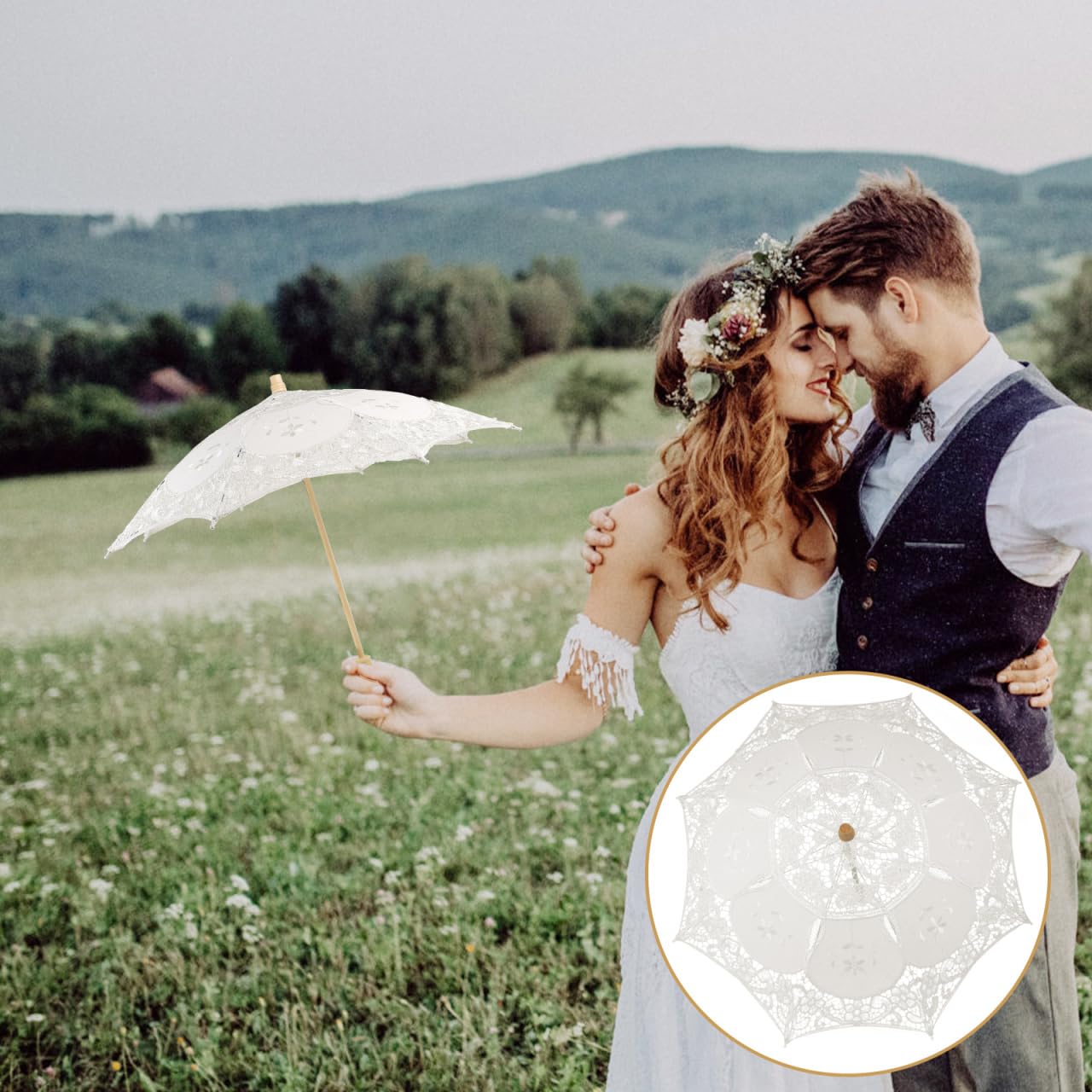Garneck Parapluie de Mariage en Dentelle Beige 38 Cm Double Couche, Ombrelle Élégante pour Demoiselles D’honneur, Accessoire Photo et Cérémonie, Parapluie Léger 64 G pour Cérémonie