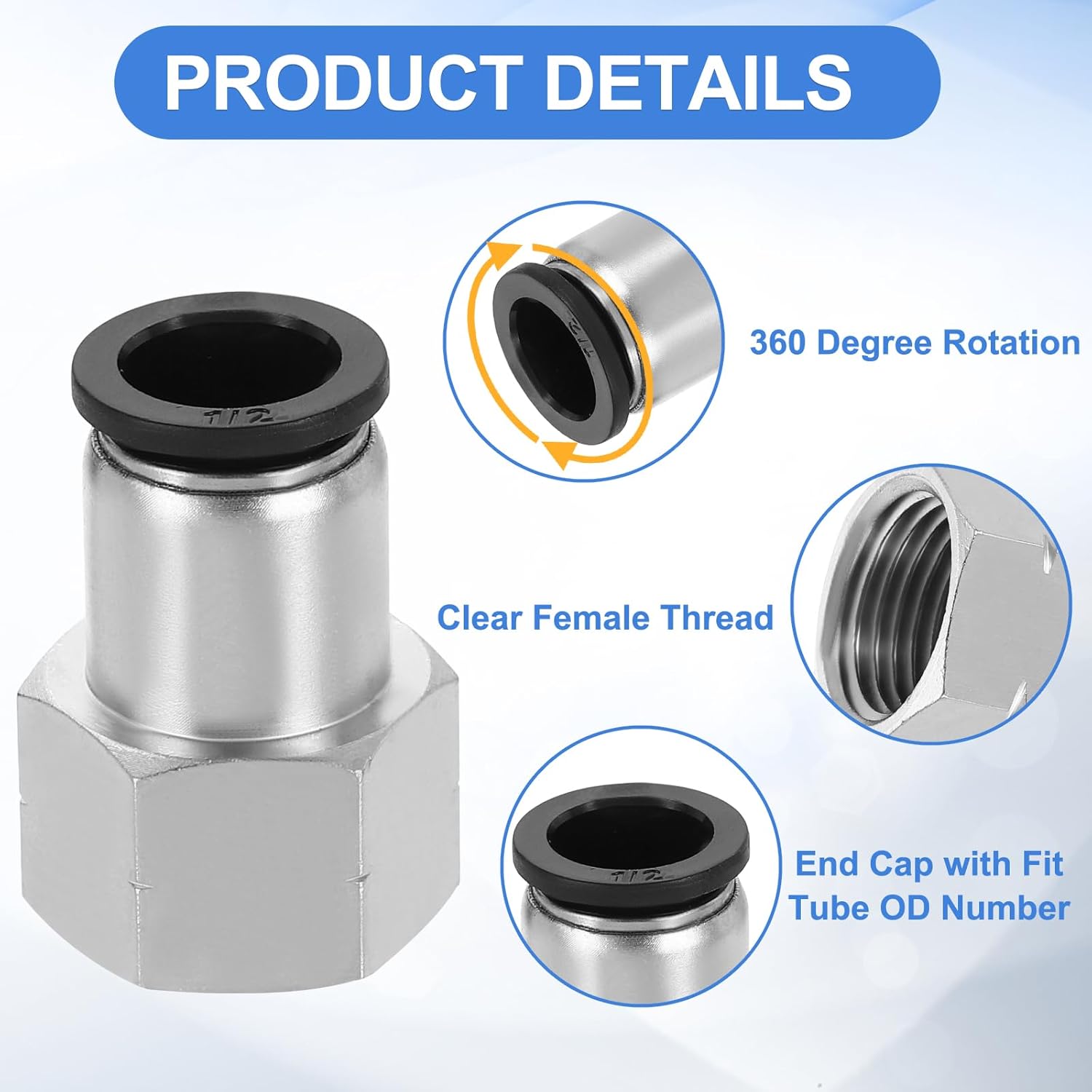 uxcell 2Pcs Push to Connect Fittings, 1/2" Tube ODx1/2" NPT Female Thread Straight Pneumatic Connector for Hydraulic and Pneumatic Systems