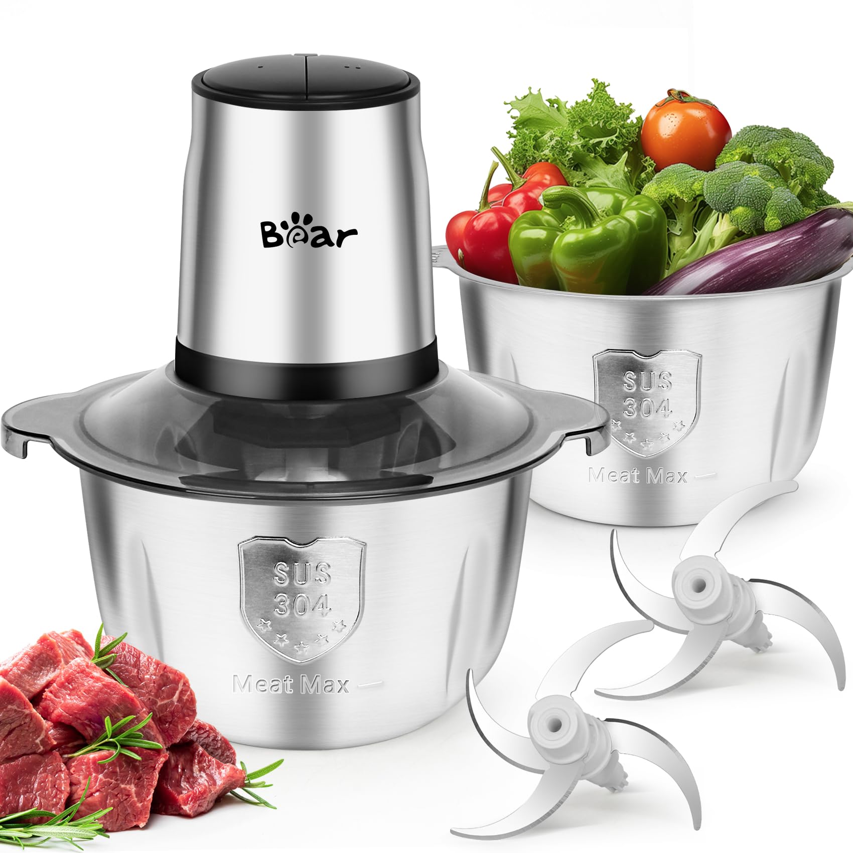 Bear Food Processor with 2 Bowls (1.8L+1.8L),300W Electric Food Chopper with 2 Sets of 304 Stainless Blades, 2 Speed Meat Grinder for Meat, Vegetables, Fruits and Nuts, BPA Free