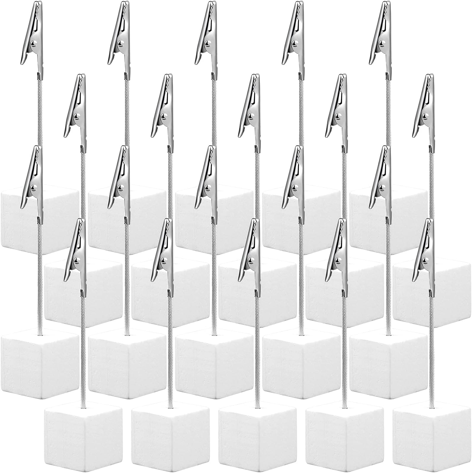 20 Pcs Cube Base Memo Clip Holder with Alligator Clip Wood Table Number Holder Cube Base Place Card Stand Mini Photo Menu Stand for Displaying Number Card (White)