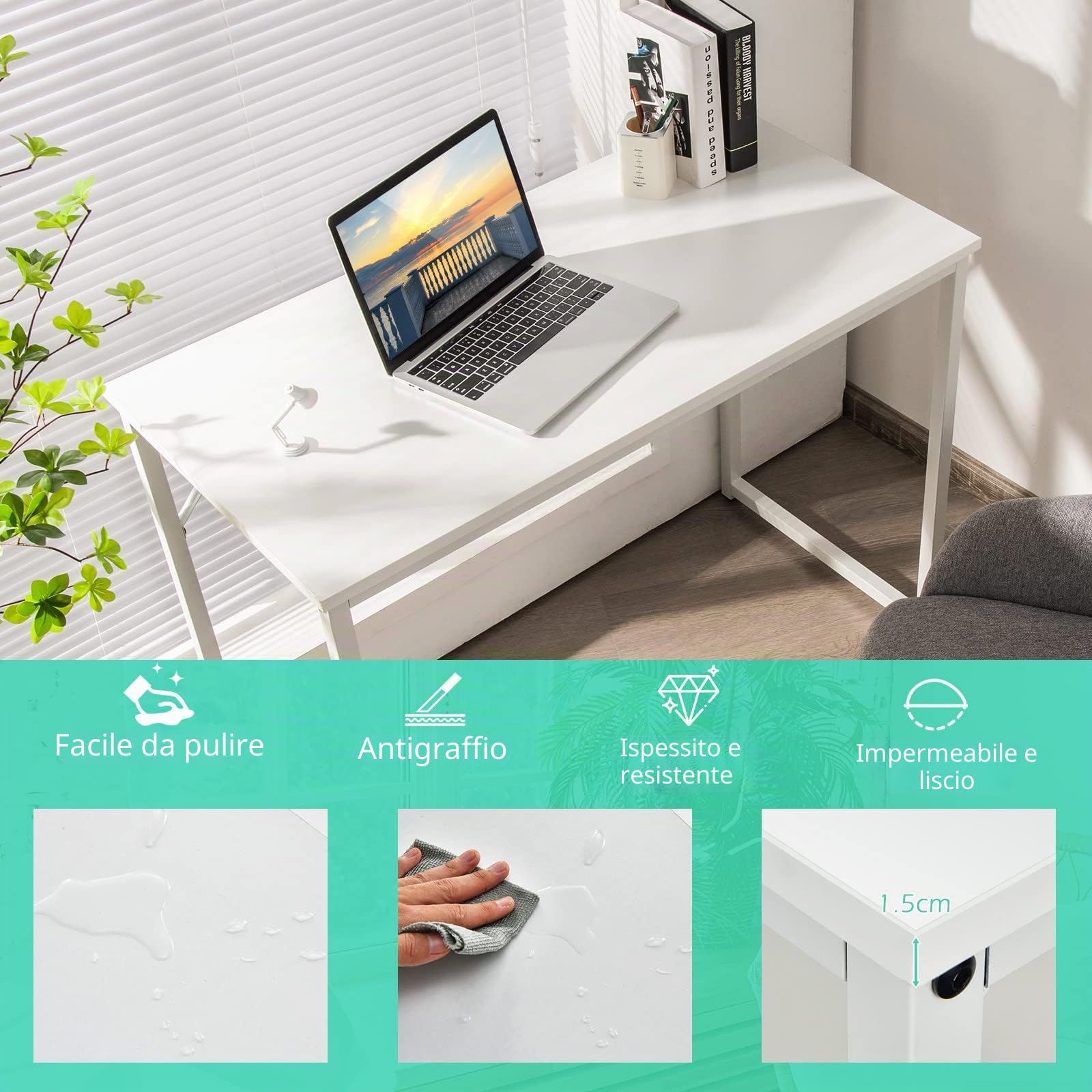 GIANTEX Scrivania, piccola scrivania per computer portatile, scrivania da ufficio, tavolo da lavoro, 100 x 50 x 75 cm, legno e metallo, per studio, ufficio, casa, ufficio (bianco)