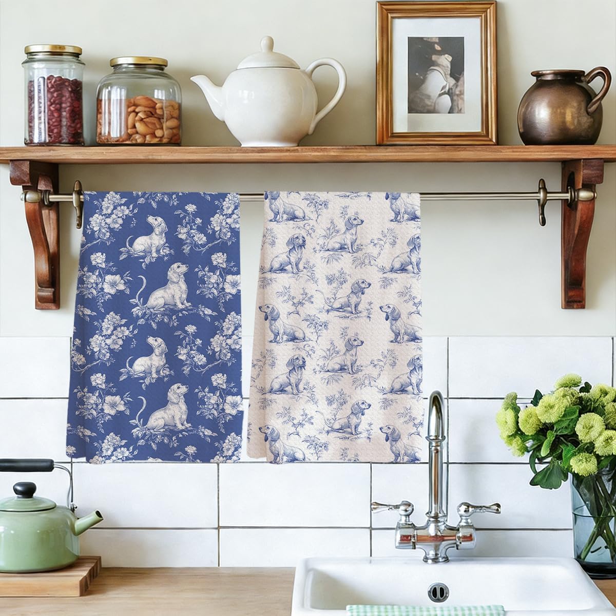 Chinoiserie Dachshund Kitchen Towels, Dachshund Decor Gifts for Women, Dog Kitchen Towels, Dog Mom Gifts for Women, Reusable Blue and White Floral Waffle Hand Towel for Bathroom Decor Set of 2