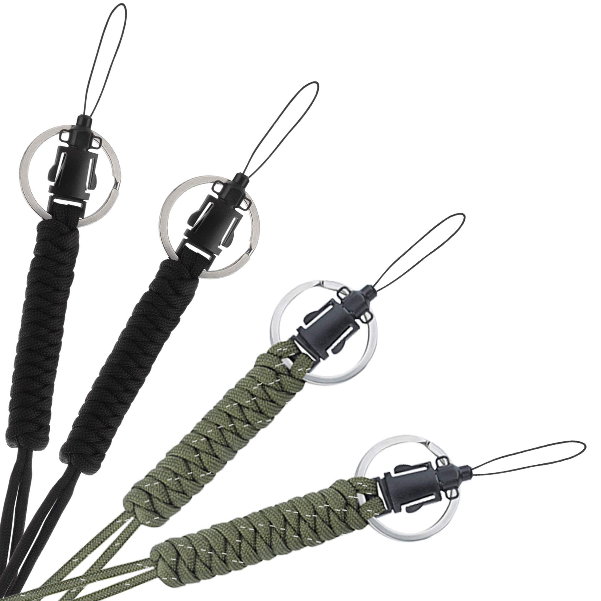 BRAVESHINE 4 Pack Paracord Lanyards with Quick Release Buckle Clip & Key Ring - Adjustable - Tactical Keychain Necklace Neck Strap for Keys Camera Whistles Phone Case ID Badge Holder - Black + Camo