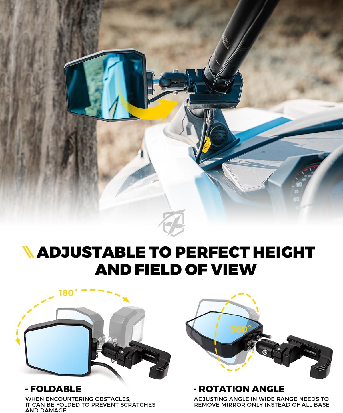 Xprite UTV Side Mirrors 2025 New Amber Light Aluminum w/Puddle Lights, Fits 1.75"-2 Inch Roll Cage Bar Compatible with Polaris RZR Pioneer, SXS, Can-Am X3, Kawasaki Teryx Mule, Yamaha Rhino Wolverine