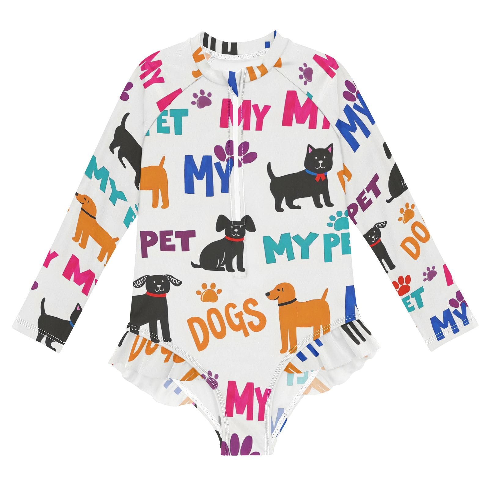 ALAZA Swimsuit for Girls Long Sleeve Rashguard Bathing Suit Dogs Paw Colorful Quick Dry 4T