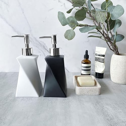 Miniatura 2 de Juego de 2 dispensadores de jabón modernos blanco y negro con bomba plateada para baño y cocina, estilo de arte contemporáneo, acabado mate, a