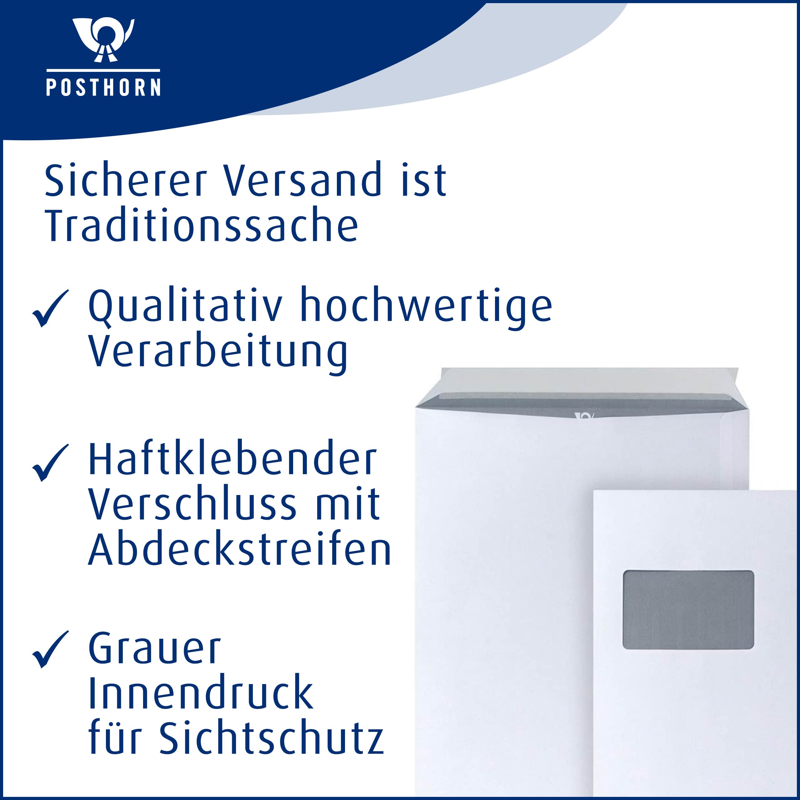 POSTHORN Versandtaschen C4 (250 Stück) 324 x 229 mm - Umschläge A4 90g/m² | Haftklebende A4 mit Fenster - Versandtasche C4 mit grauem Innendruck für Sichtschutz - Weiß