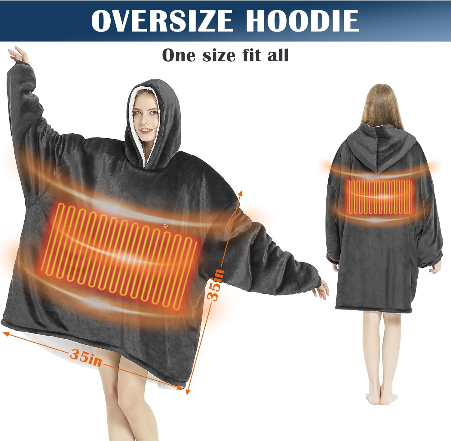 Image showing the oversized design of the hoodie with approximate dimensions of 35 inches in width and length.