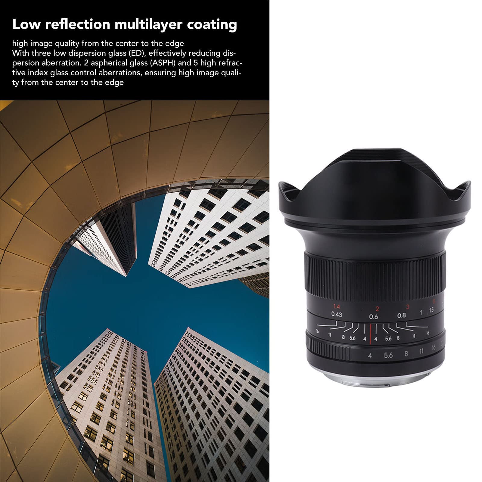 Pełnoklatkowy Szerokokątny Obiektyw 15 Mm F4 z ręczną regulacją Ostrości, Bardzo Szeroki Kąt 114 Stopni z 10 Listkami Przysłony, do Kamer z Mocowaniem E