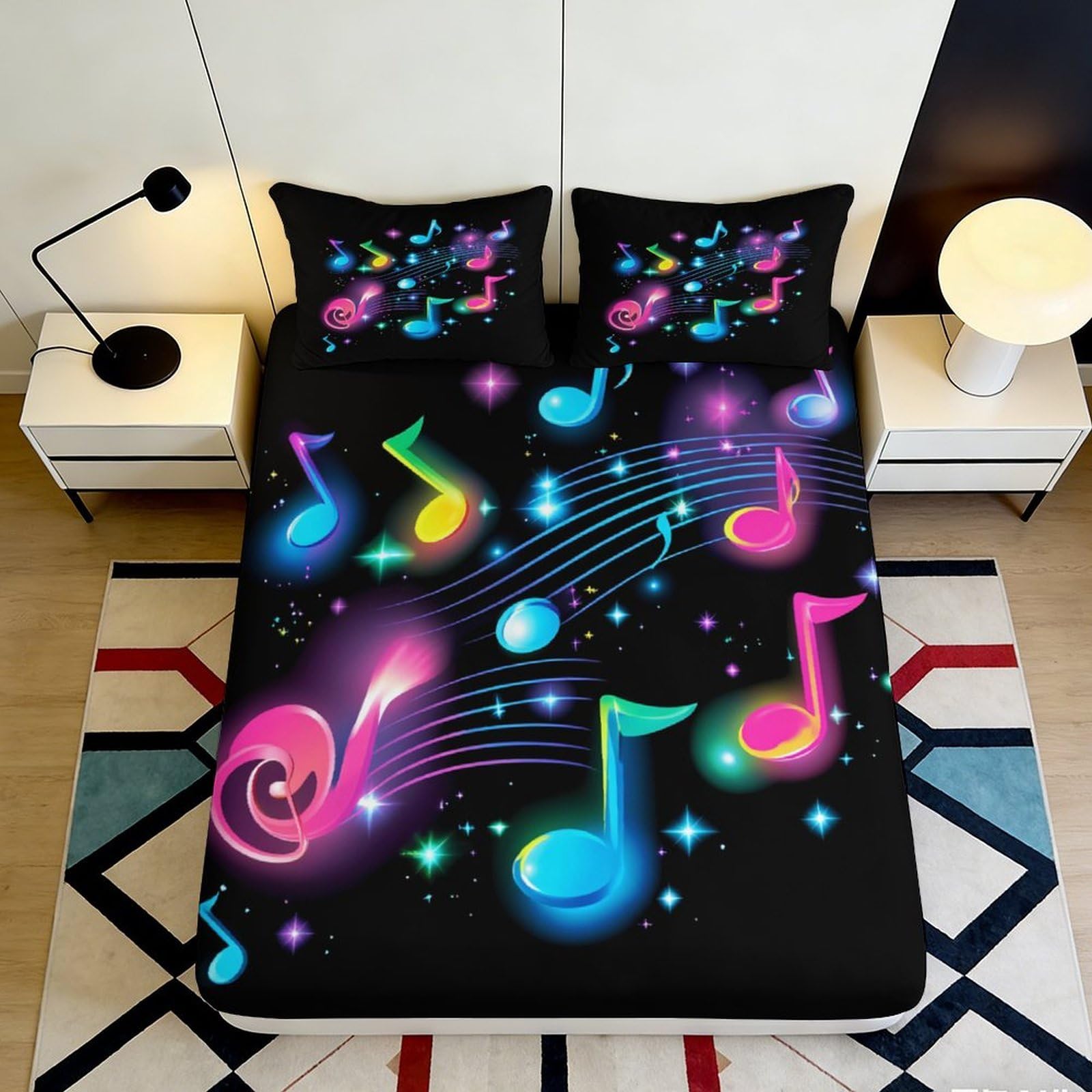 3D Printed Colorful Music Notes Fitted Sheet Microfiber Soft Bed Cover for Bedroom Guest Room Dorm Mattress Protection 90x200x25cm