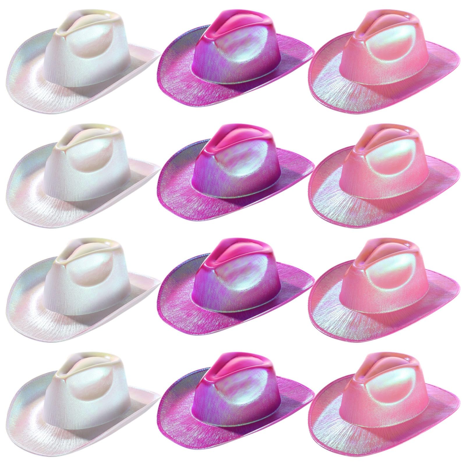 12 sombreros de vaquero degradados de neón brillantes para mujer, diseño fluorescente de ala ancha, acabado perla brillante, cuerda ajustable, accesorio para fiestas y eventos