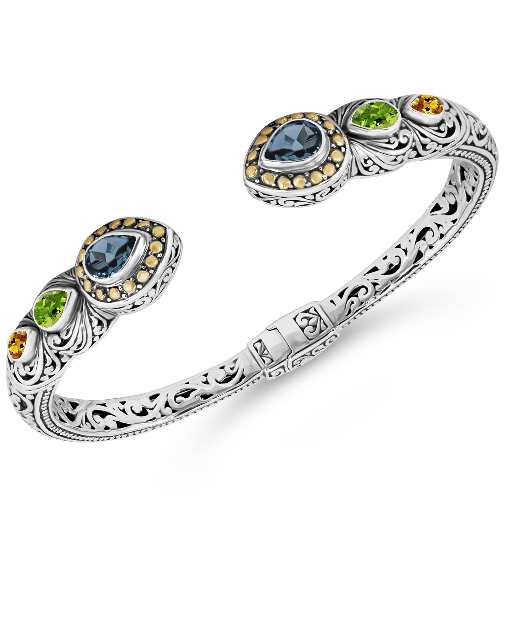 DEVATA Sterling Silver 925 and 18K Gold with Gemstones Bali Filigree Cuff Bracelet