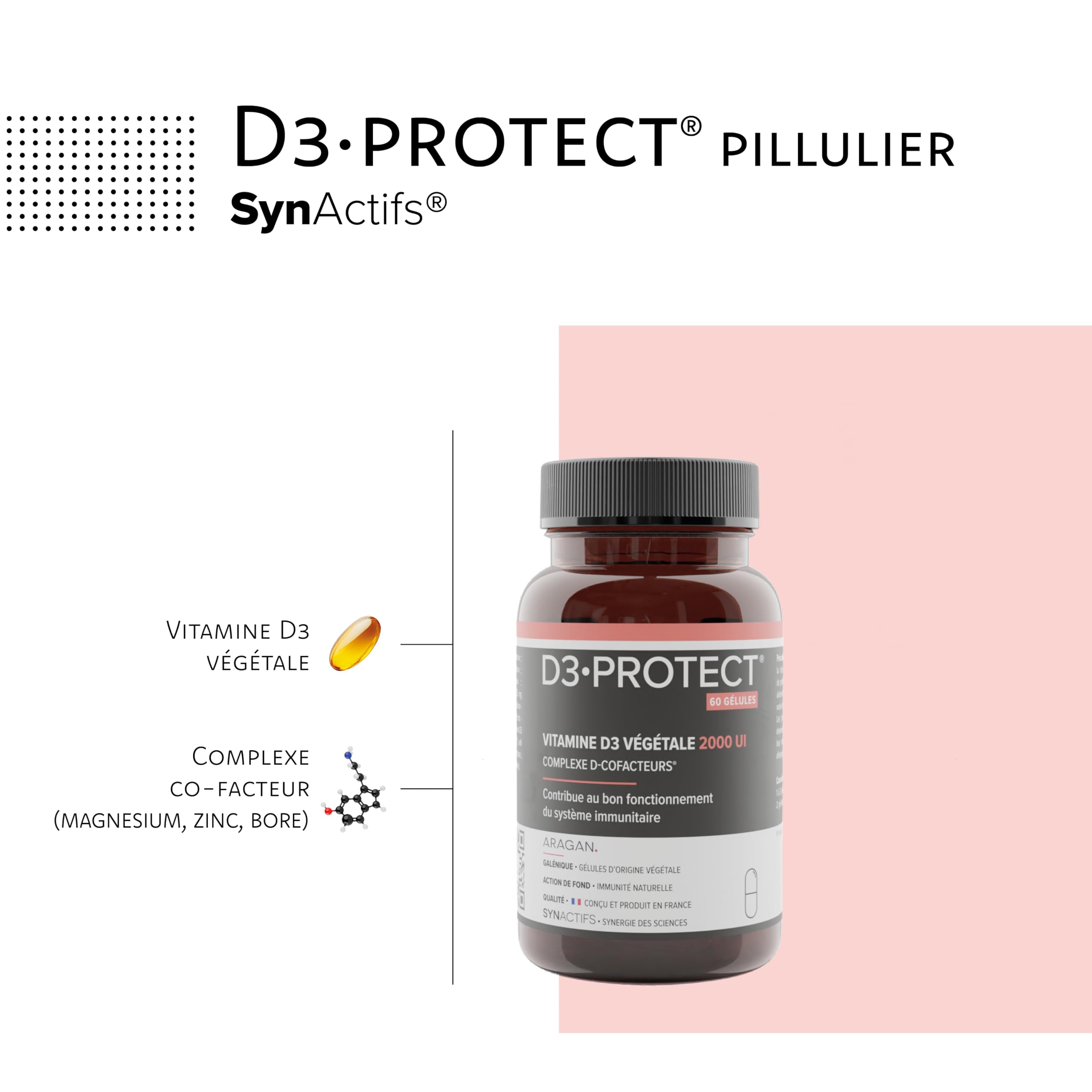 Vitamine D3 2000 UI - Haut Dosage - Complement Alimentaire Immunité - Magnesium, Zinc - Aragan - 60 Gélules - Programme 1 à 2 Mois