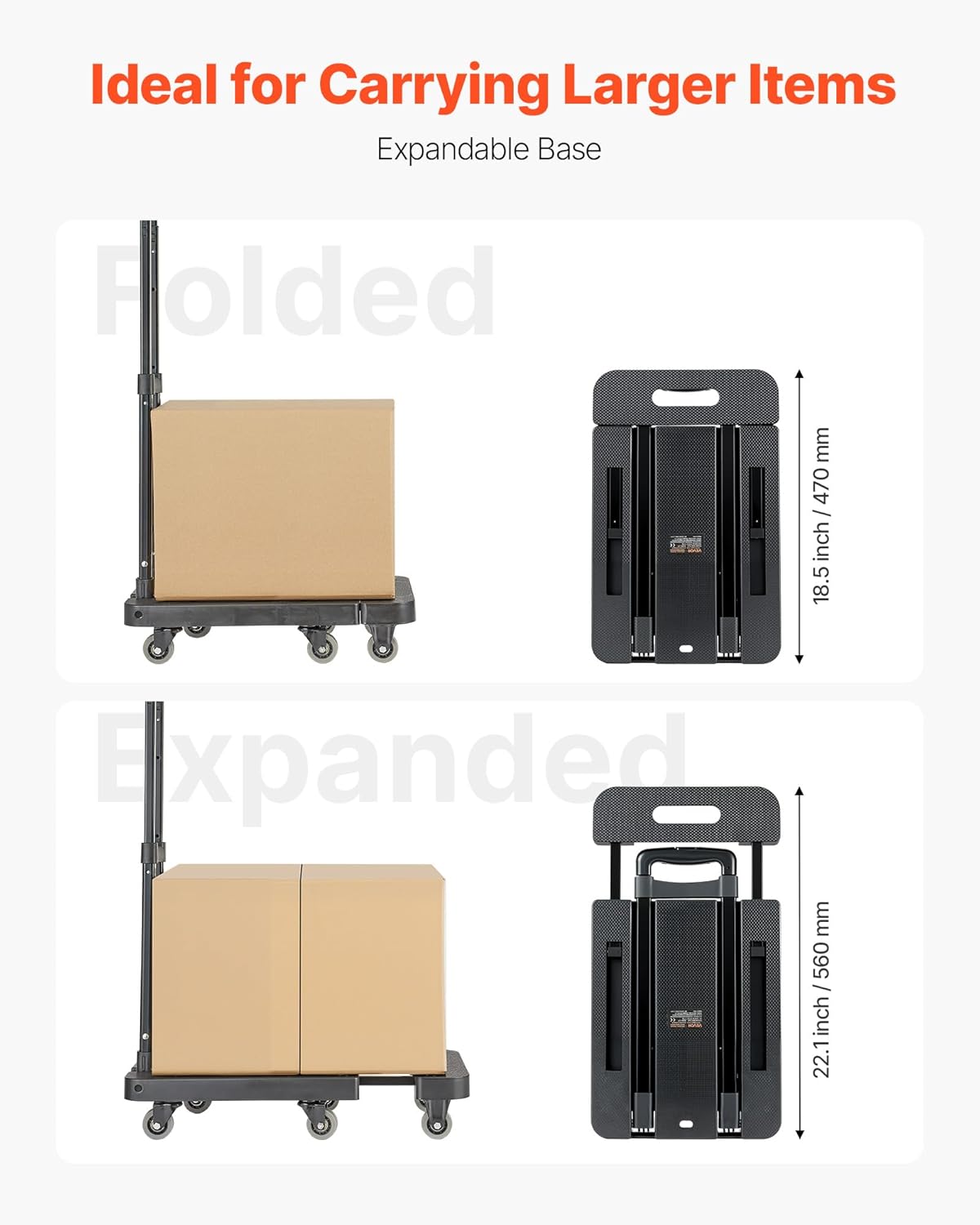 VEVOR Folding Hand Truck, 500 lbs Load Capacity, Collapsible Luggage Cart with 6 Wheels, 2 Elastic Ropes & Expandable Base, Utility Dolly Platform Cart for Airport Travel Luggage Office Moving, Black