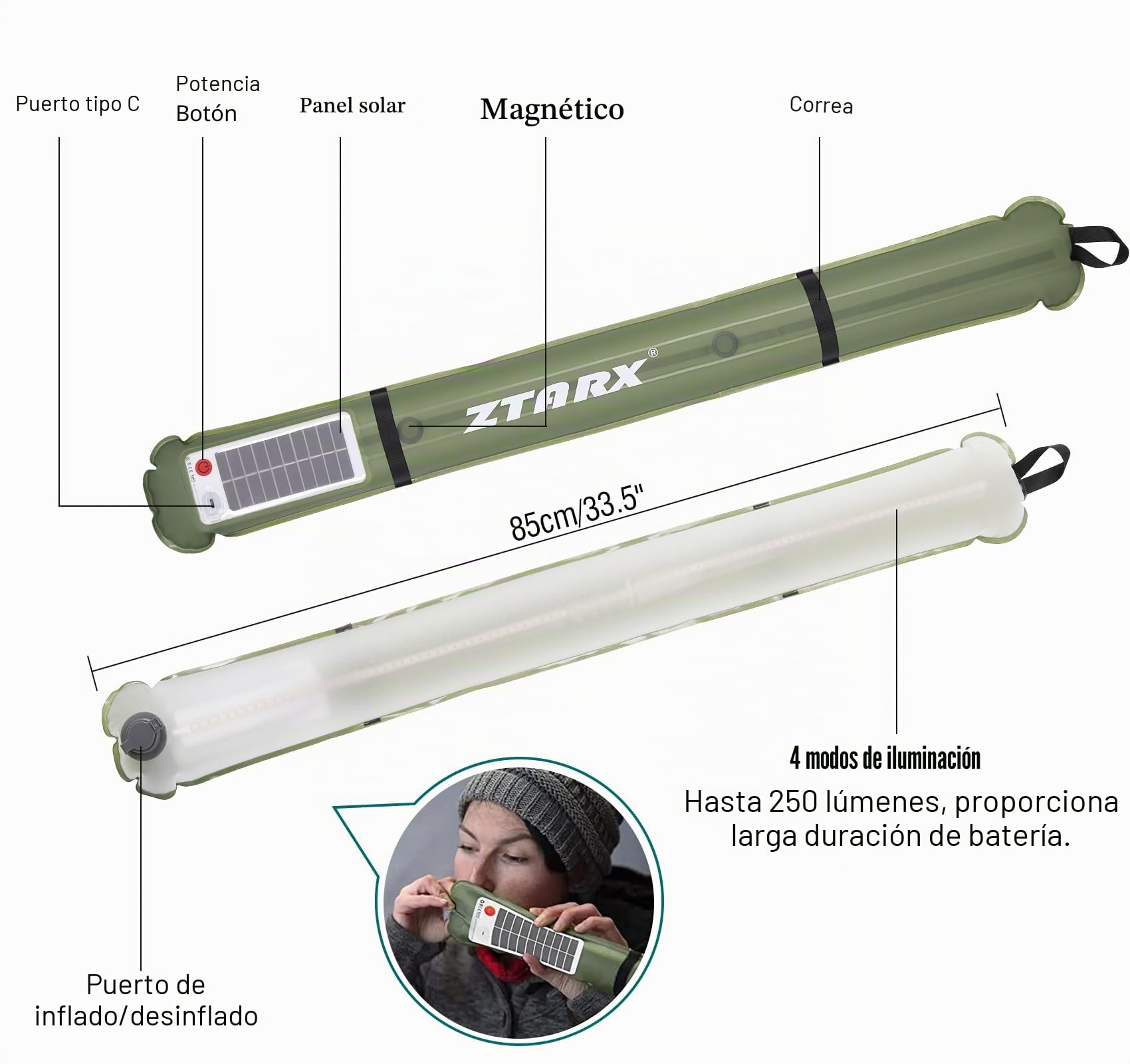 Qoolife LED Lámpara Camping Recargable, 4000mAh Linterna de Plegable Inflables Solar Camping de Energía con 2 Métodos de Carga (Solar / USB) y 4 Modos de Iluminación para Acampar, Caminar, Pesca 85CM