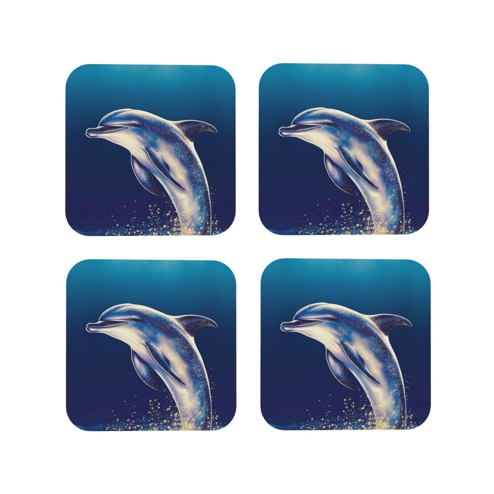 4Pcs PU Leather Coaster for Drinks, Glitter Dolphin Cup Coastersr 4" Cup Mat Pad, Aesthetic Drink Coasters for Coffee Table, Square Coaster for Tabletop Protection