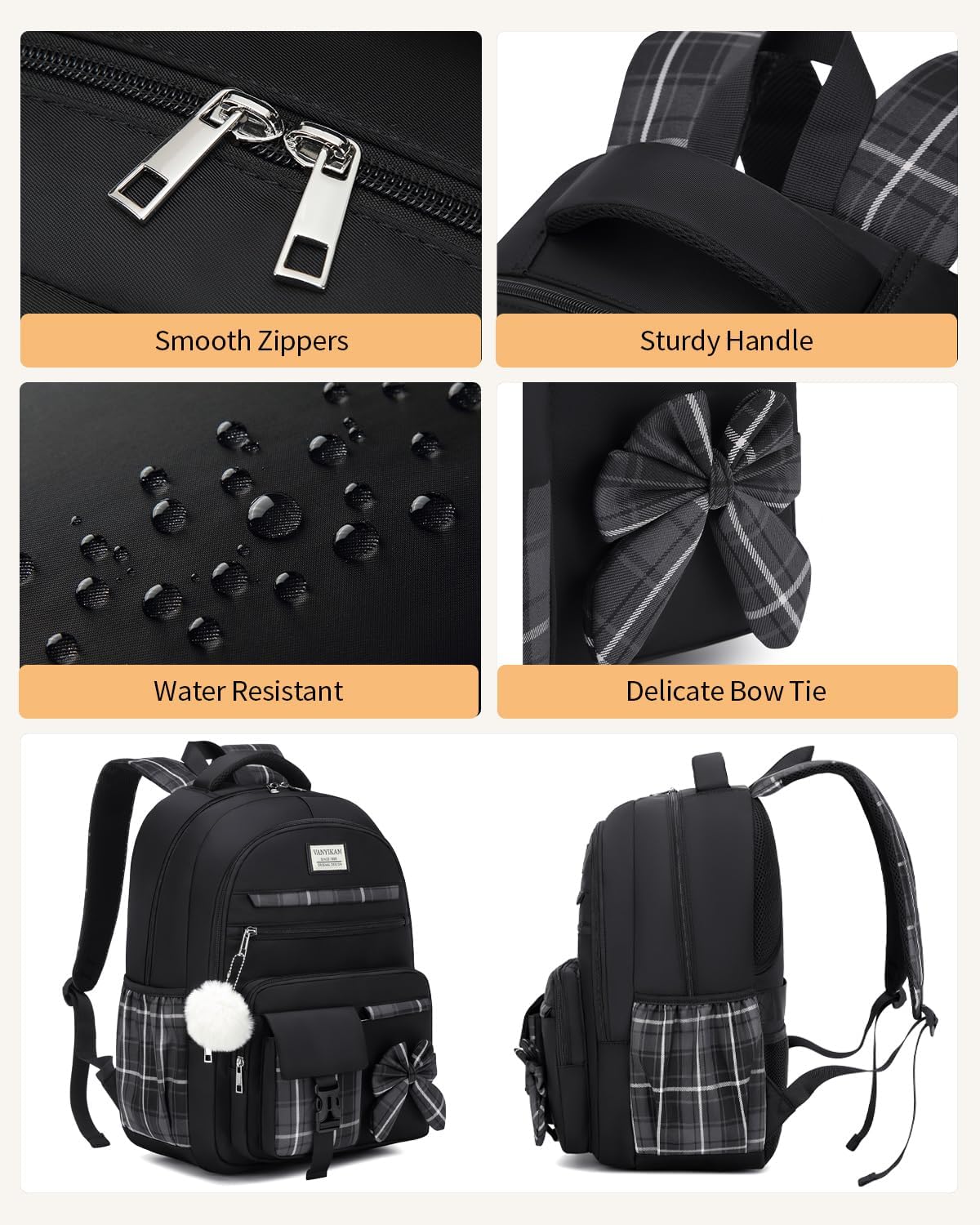 Girls Backpack for School, 3PCS Backpack with Lunch Box & Pencil Pouch for Teens Girl Kids Elementary Middle High School College Student Bookbag Laptop Daypack for Women, Black tartan thumbnail