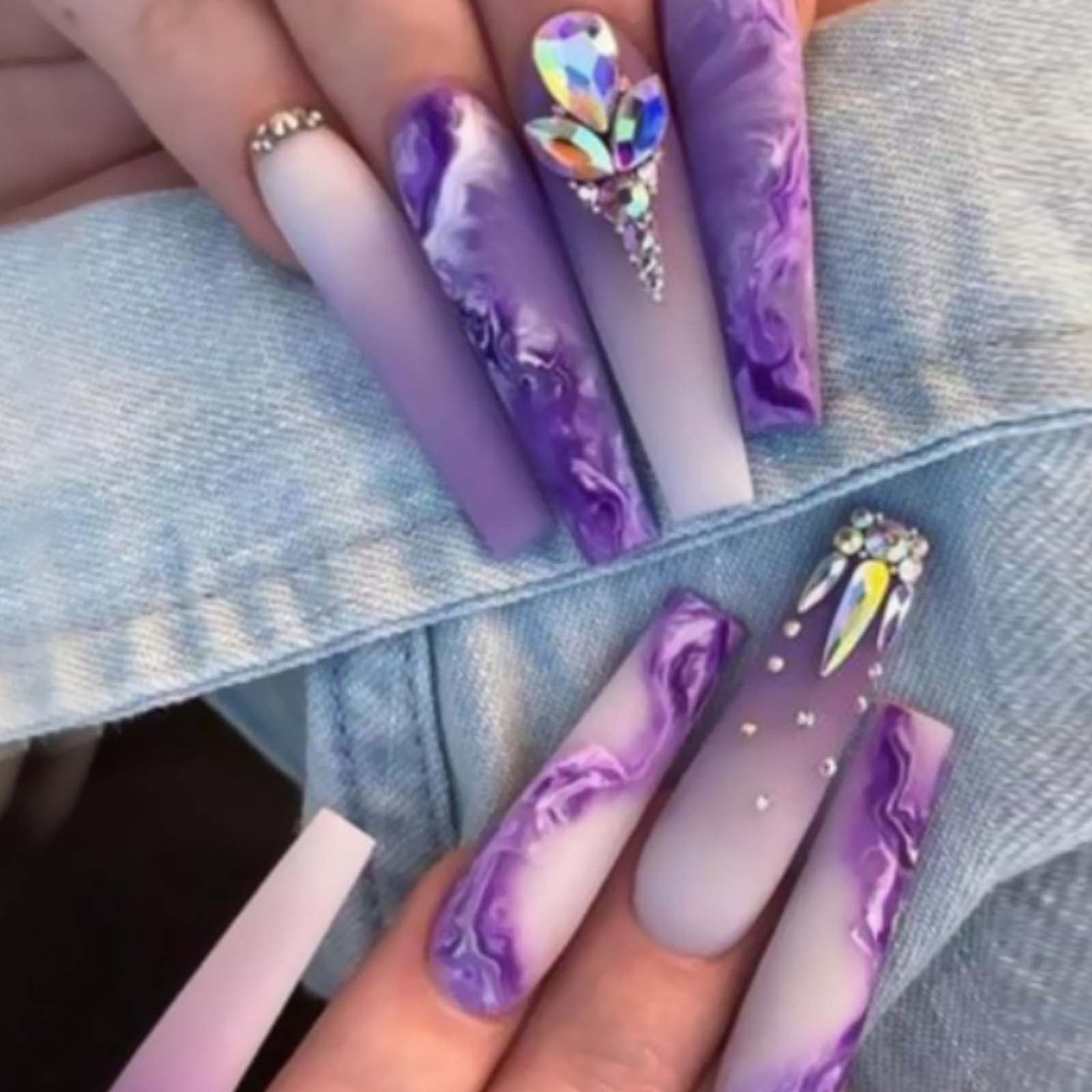 HkanlreCoffin Long Press on Nails Tips Purple Fake Nails Rhinestones Full Cover Xl False Nails Ballerina for Women and Girls 24PCS