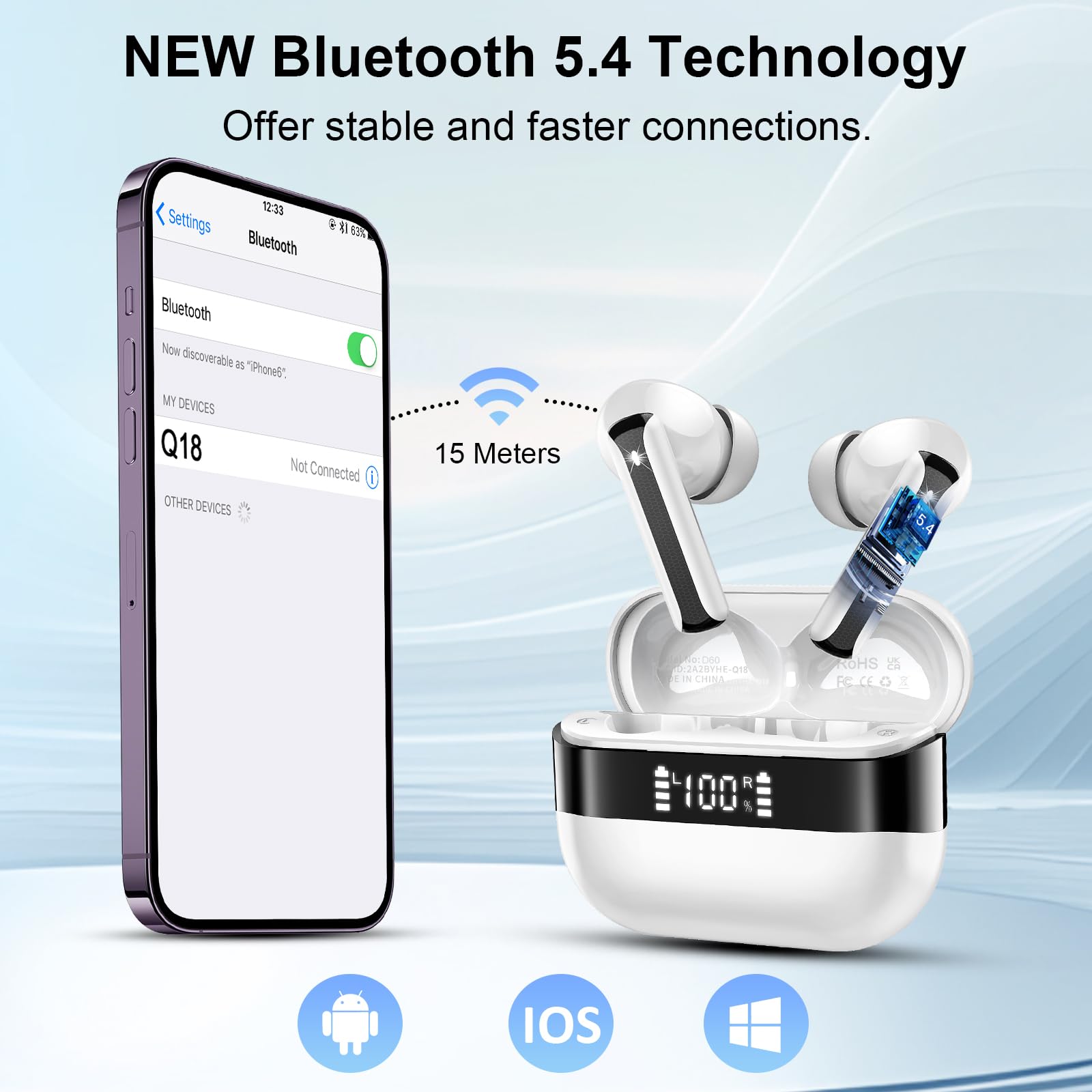 Auricolari wireless, Bluetooth 5.4, stereo HiFi, auricolari Bluetooth con 4 microfoni ENC, 48 ore di riproduzione, auricolari wireless con display a LED, auricolari Bluetooth impermeabili IP7 per