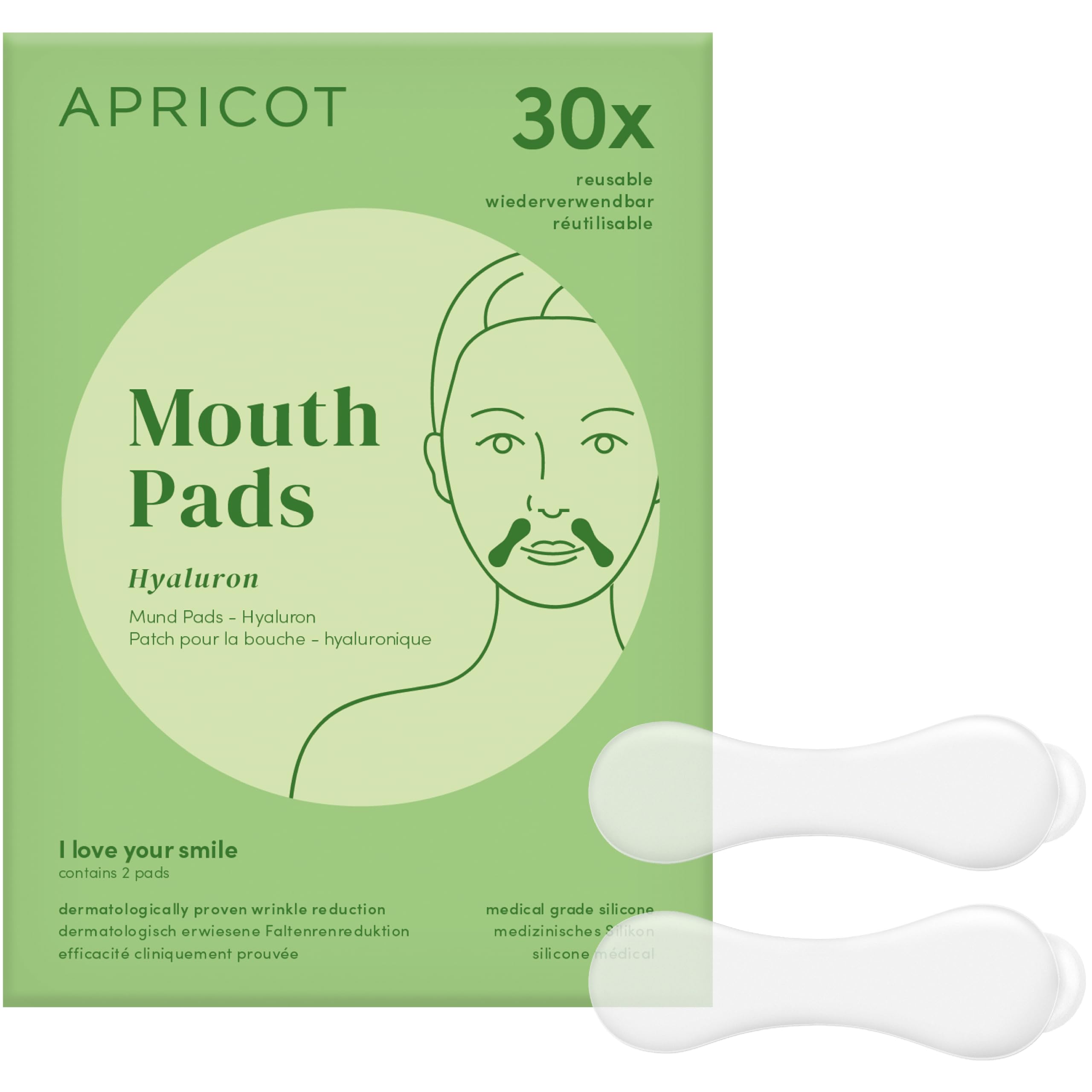 APRICOT Mundfalten Pads aus medizinischem Silikon mit niedermolekularem Hyaluron - Bis zu 30x Wiederverwendbar, Dermatologisch Bestätigt, Vegan & Tierversuchsfrei - Silikon Pads Gesicht, Nasolabial