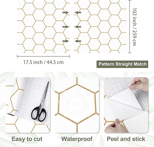 Miniatura 5 de Papel tapiz adhesivo dorado para despegar y pegar, papel tapiz hexagonal extraíble, geométrico, autoadhesivo, moderno, enrejado, de vinilo de 17.5 x