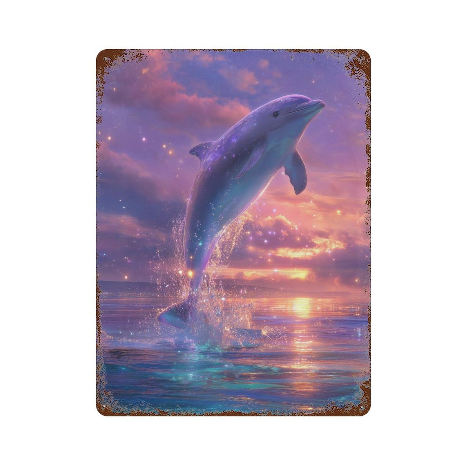 Dolphin Leaping Into Starry Sky 15.7"x11.8" Rust Effect Tin Sign, Old School Wall Decor for Pub, Kitchen And Man Cave Decor