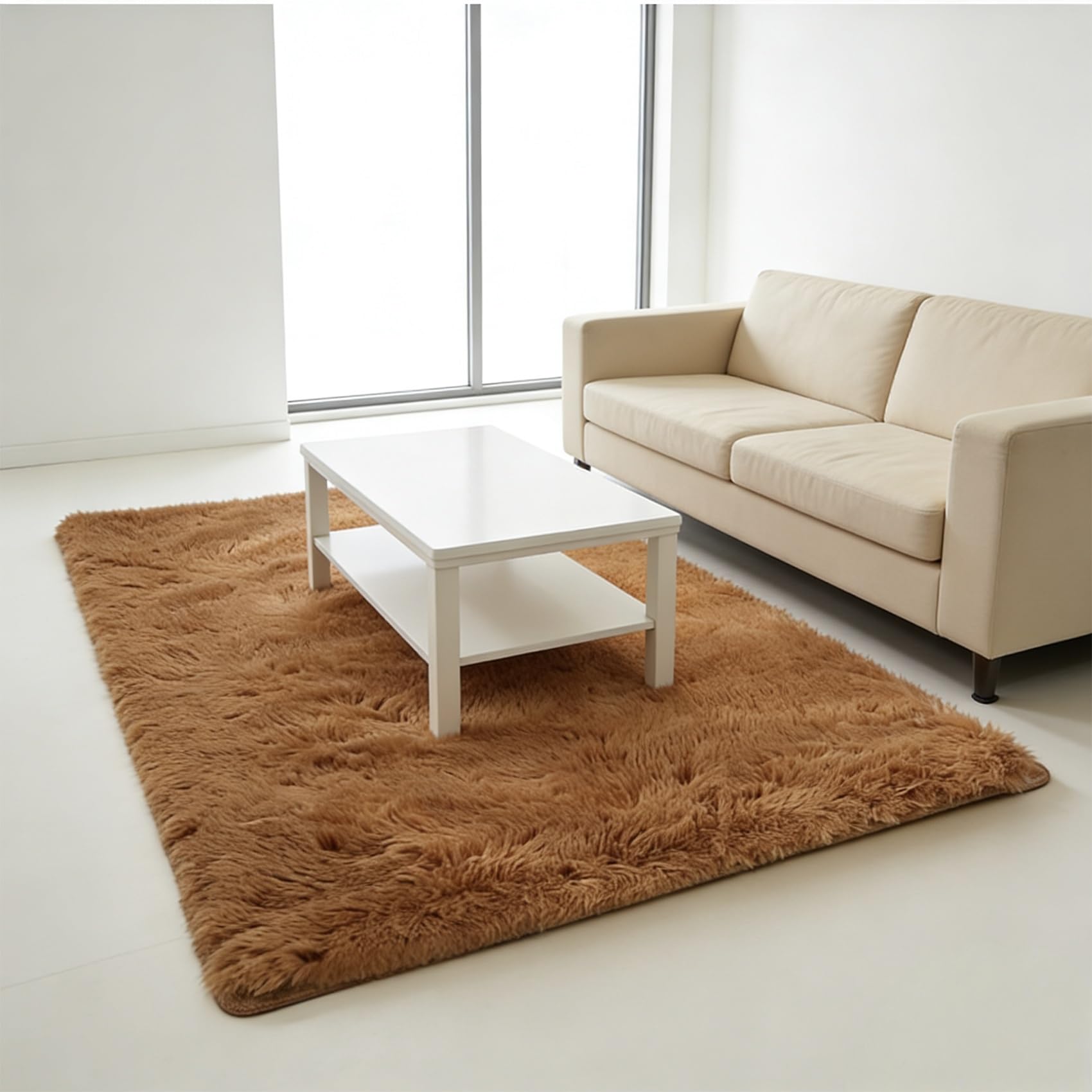 Tapis Salon Poils Longs Doux Moelleux Antidérapant Moderne Marron