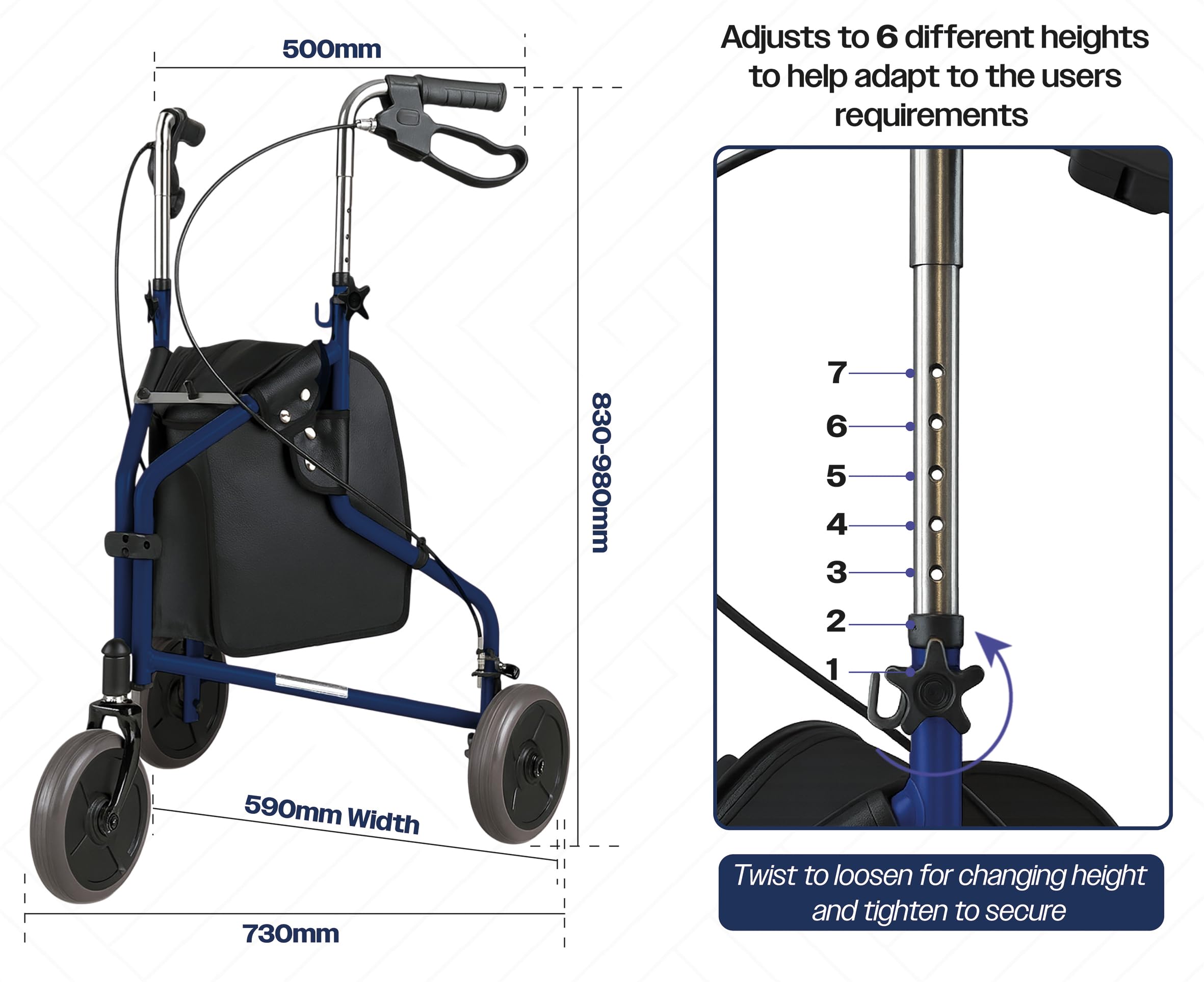 Aidapt Caminante de tres ruedas con bolsa en azul