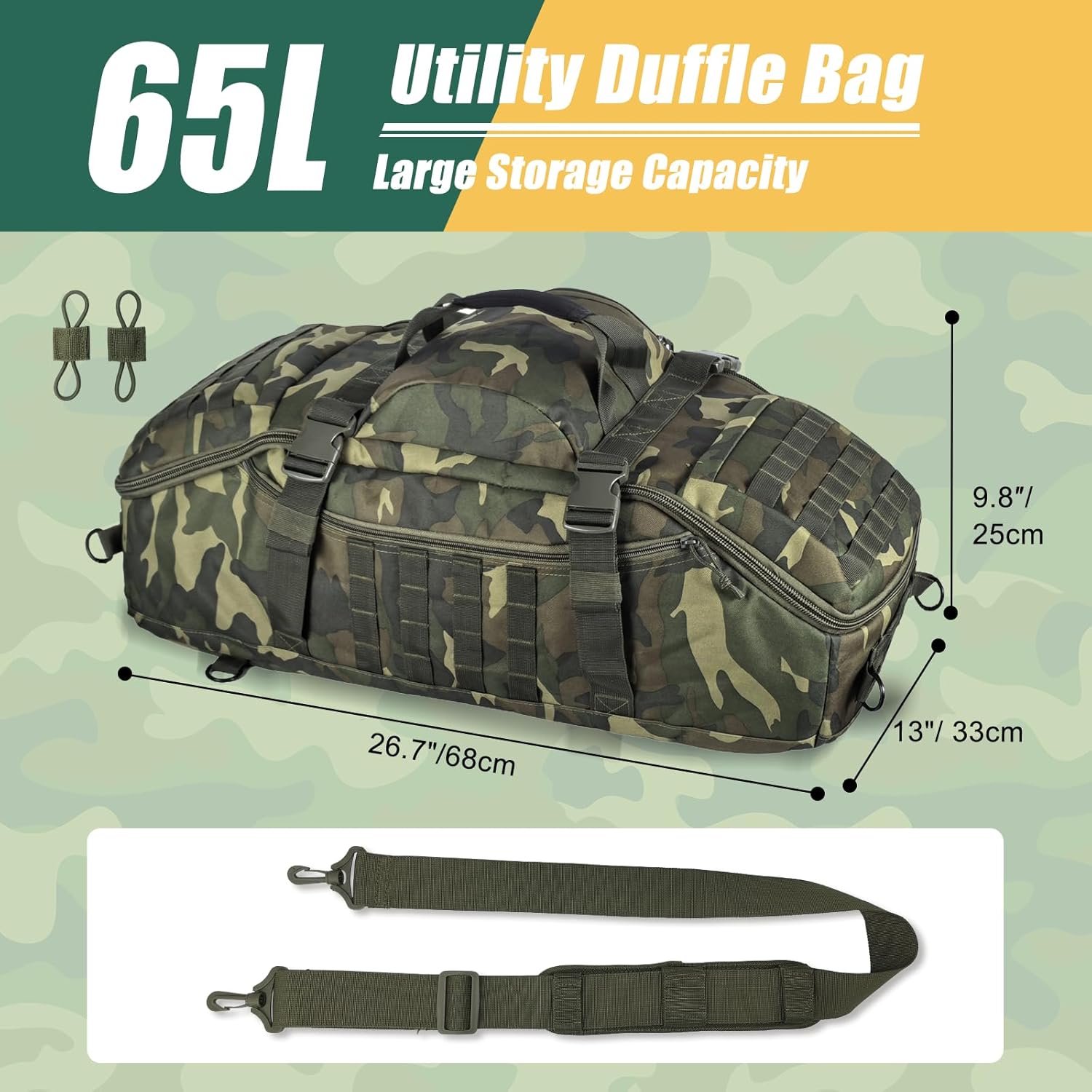 65L Large Travel Duffle Bag Military Tactical Backpack, Army Assault Pack 3 Day Bug Out Bag Rucksack for Outdoor Sport Hiking Camping with Molle System, Woodland