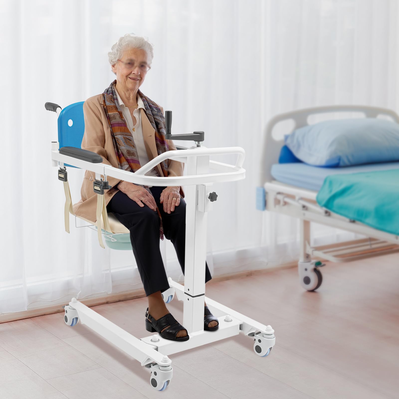 Silla de traslado para pacientes, capacidad de carga de 120 kg, altura ajustable, independiente, con ruedas, silla de transporte, silla de aseo para personas mayores, discapacitados, para cuidados