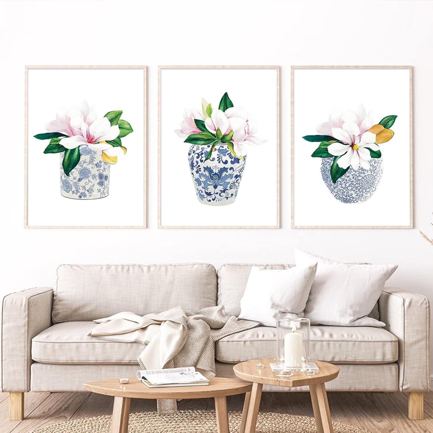 Blue and White Vases Wall Art Flower Vase Canvas Painting Magnolia Flower Wall Art Chinoiserie Pictures Watercolor Floral Artwork Blue and White Chinoiserie Art for Living Room 16x24inx3 Frameless