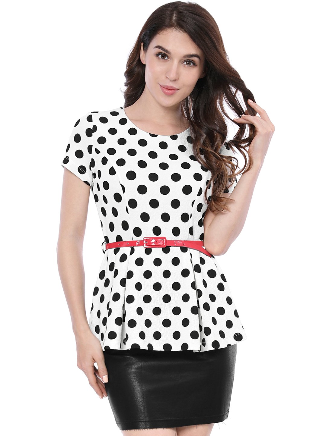 Allegra K Women's Polka Dots Round Neck Short Sleeve Peplum Top with Belt