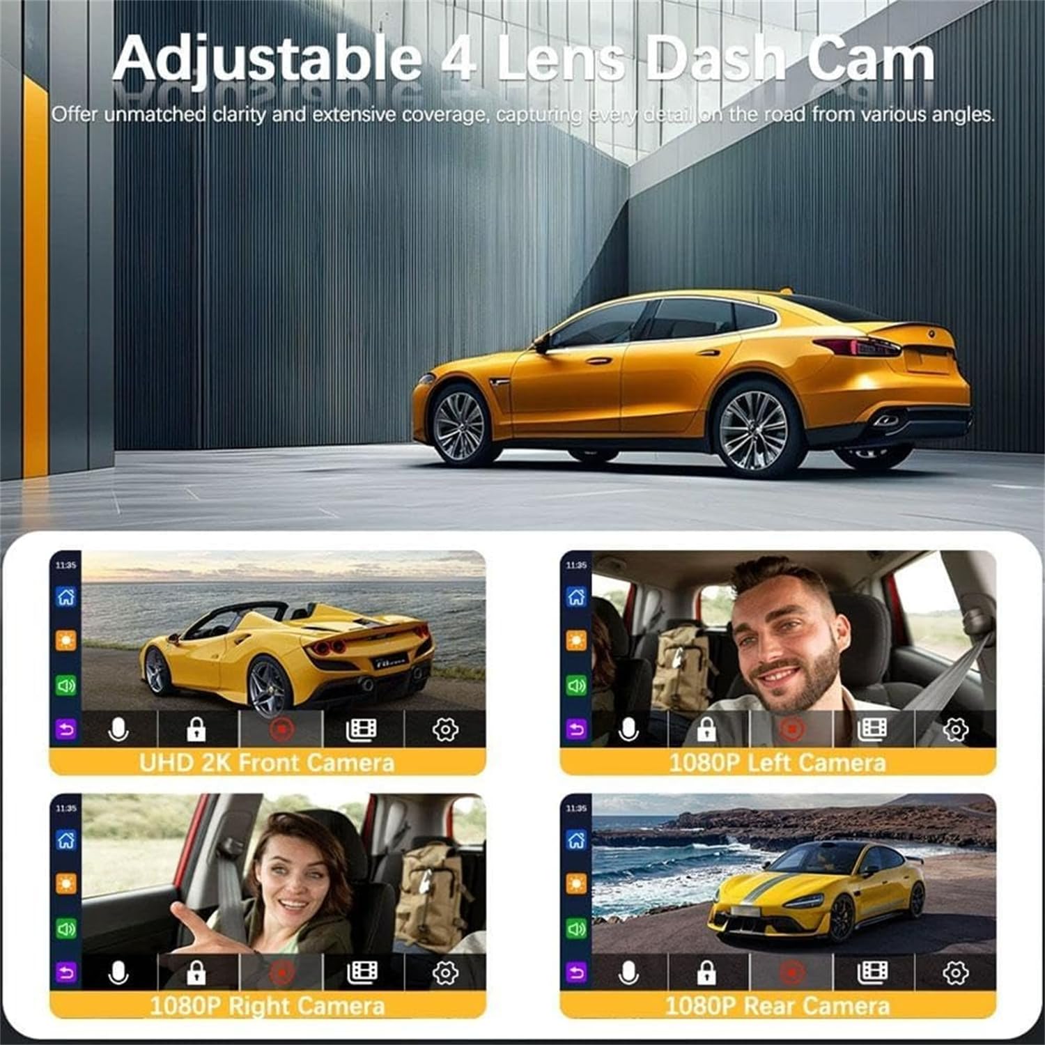 Grabadora de video DVR WiFi de 4 canales para coche de 360° con tarjeta de 32 GB, 1080P FHD vista de 360 grados, cámara frontal y trasera, control de aplicación, monitoreo de estacionamiento