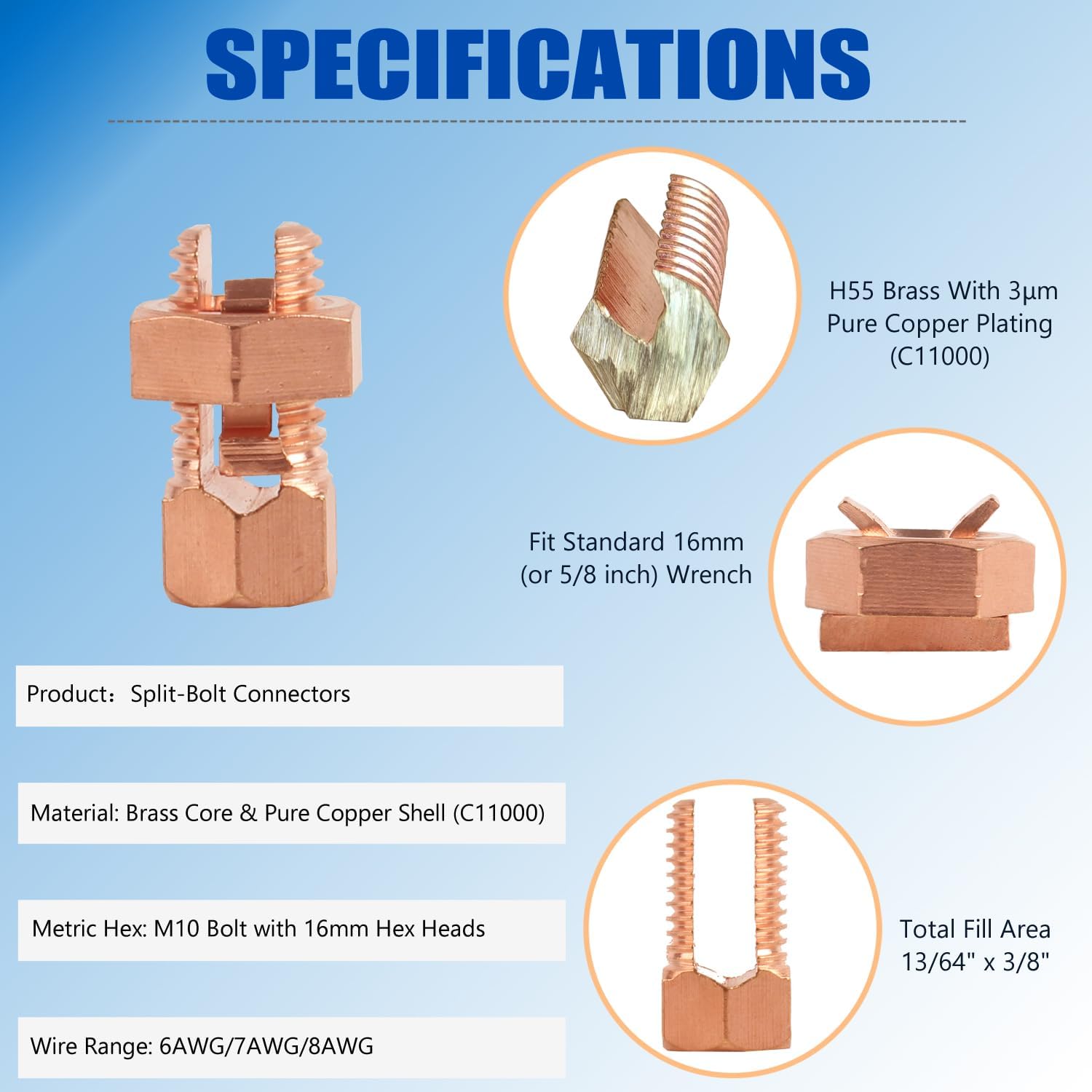 Split Bolt Connectors 16-Pack, Copper Grounding Clamps for 4-8 AWG Wire, Solid Brass Core & Pure Copper Shell for Electric Fence, Solar Panel, Grounding Applications (TJ16)