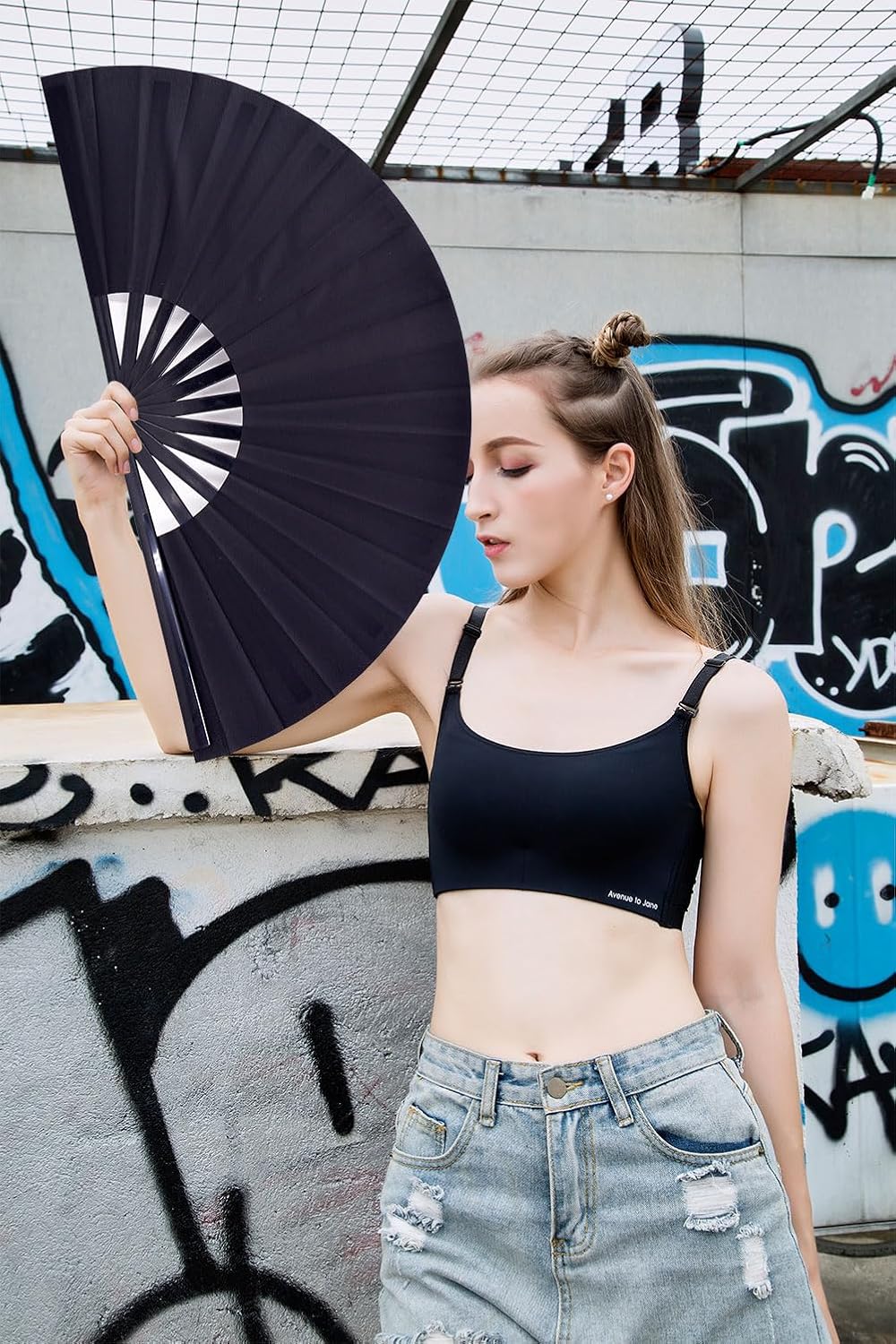 Rave Fan, Large Clack Folding Hand Fan Line Dance Popping Fan, Big Handheld Clap Fans for Line Dancing EDM, Music Festival, Club, Event, Party, Performance 2 Pcs (Black)