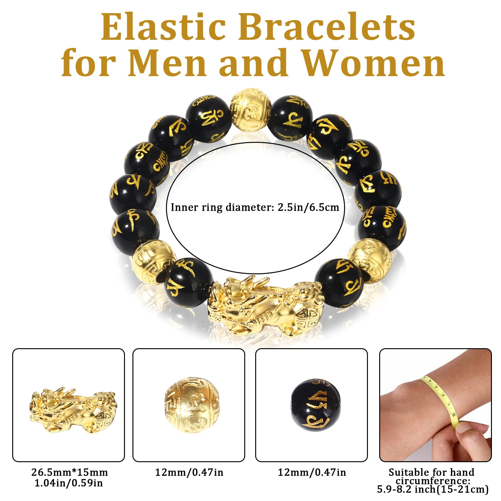 Buiufish - Pulsera de obsidiana Feng Shui, chapada en oro de 24 quilates, pulsera Pixiu de protección de dragón para hombres y mujeres, pulseras de cuentas de oración mantra de 0.47 pulgadas que 2
