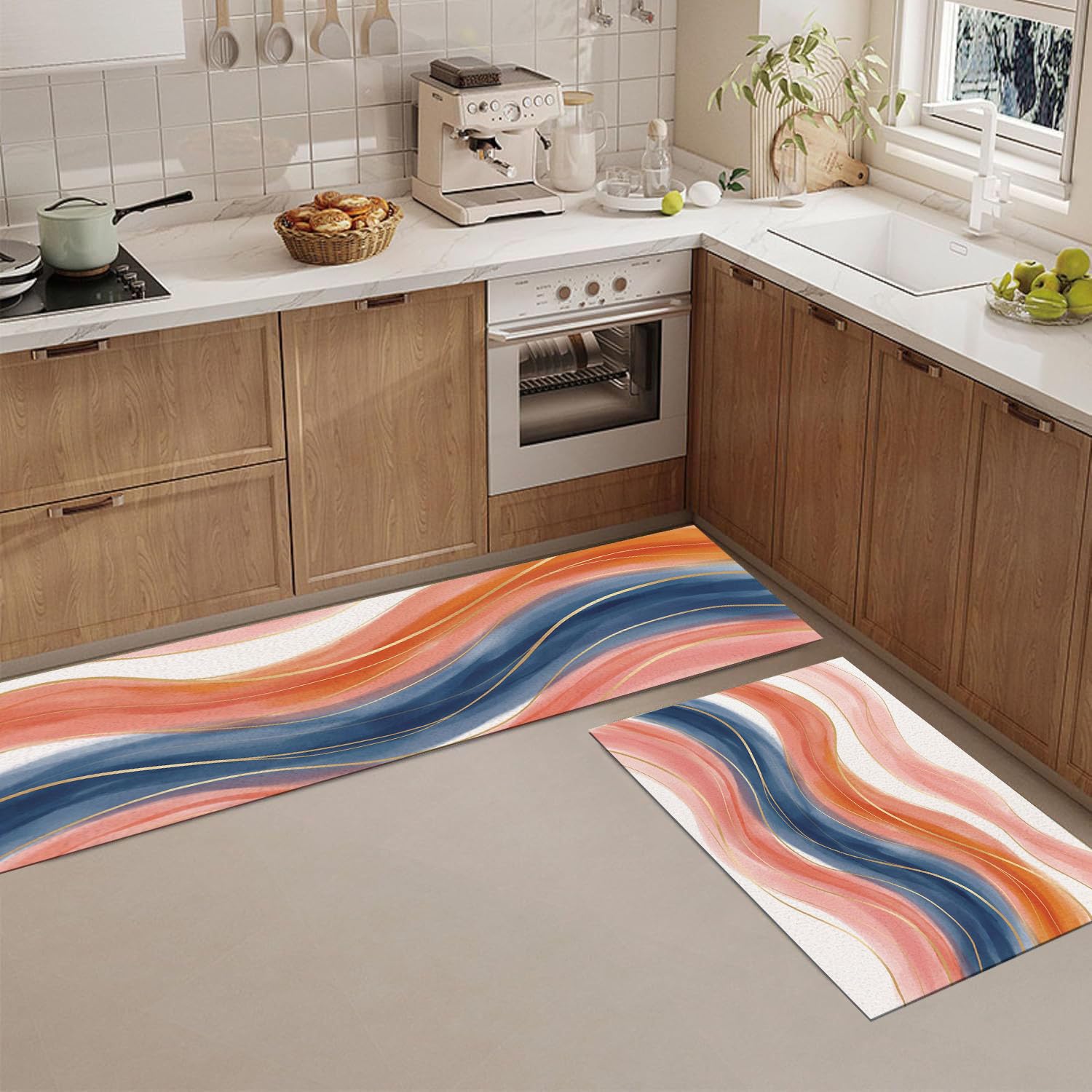 Juego De 2 Alfombra Cocina Lavable Rayas De Acuarela Bohemias | Antideslizante Alfombras De Cocina Rosa Melocotón Geometría Moderna, Tapete para Entrada Interior Pasillo 50X80+50X180