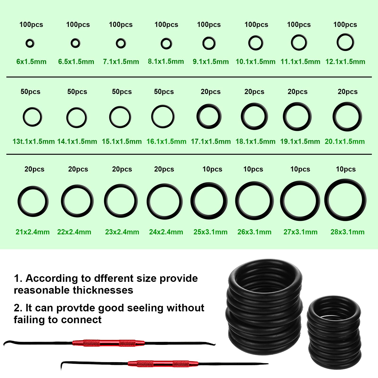 KUBOWAI Nitril Dichtungsring Sortiment – 1200 Stück, 24 Größen (6–28 Mm), Schwarz