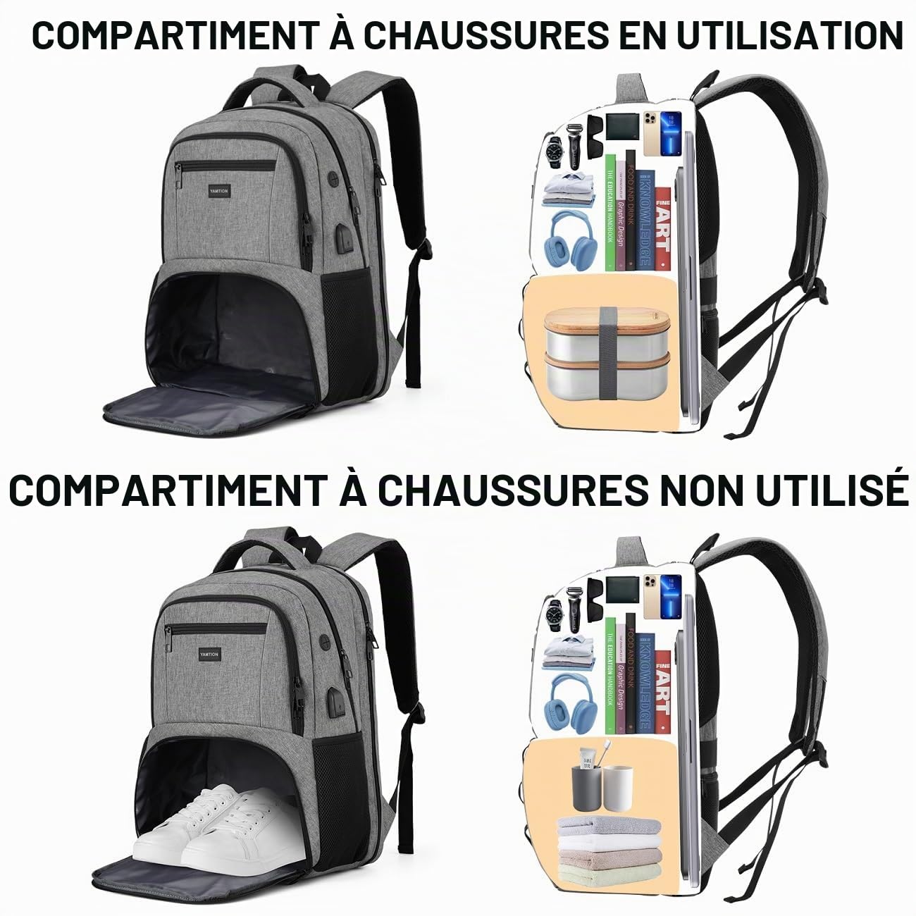 YAMTION Sac à Dos pour Ordinateur Portable 17,3" avec Compartiment à Chaussures,Sac à Dos d'Écolier Sac à Bandoulière pour Gym, Voyages,Travail